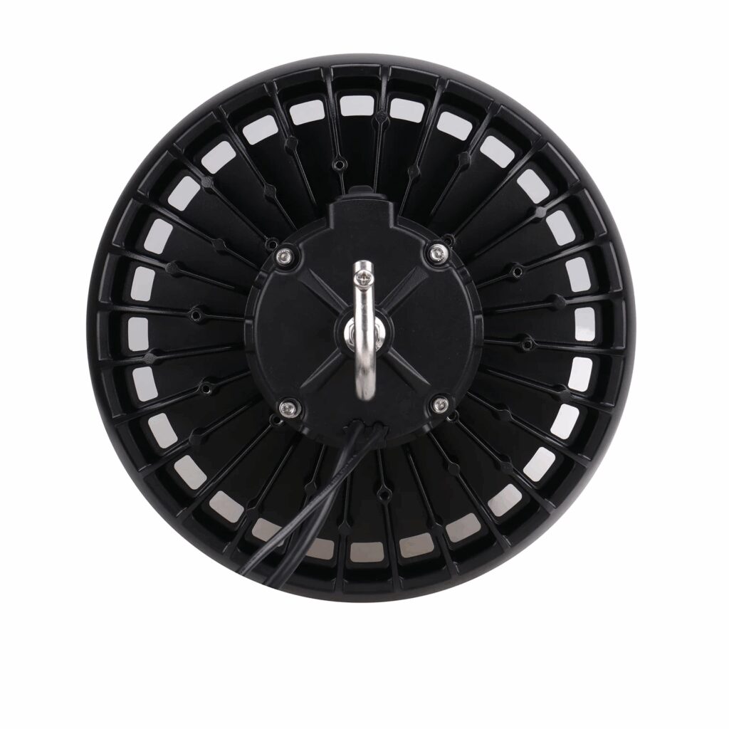 Back of black circular LED high bay light