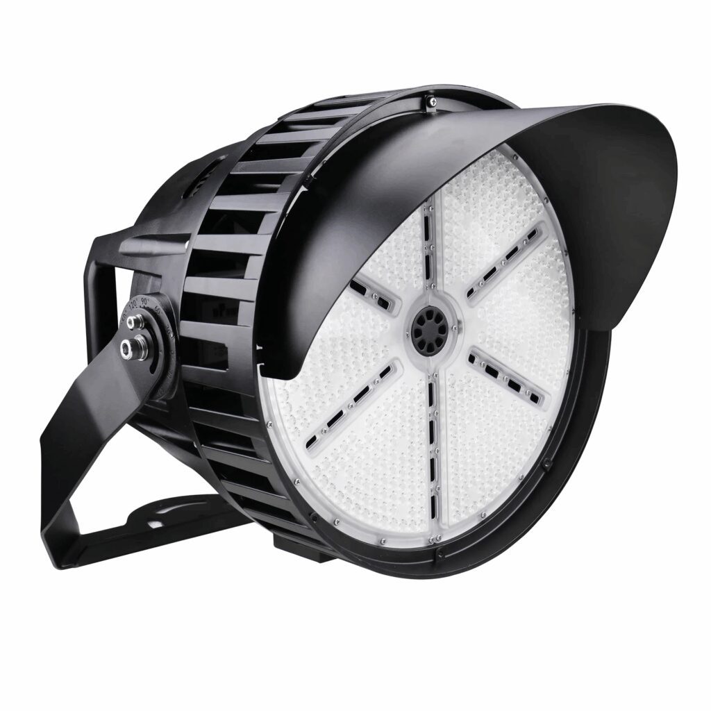 Black industrial LED floodlight with visor