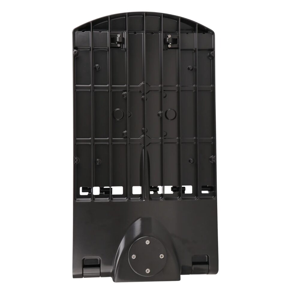 Black plastic mounting bracket with screw holes