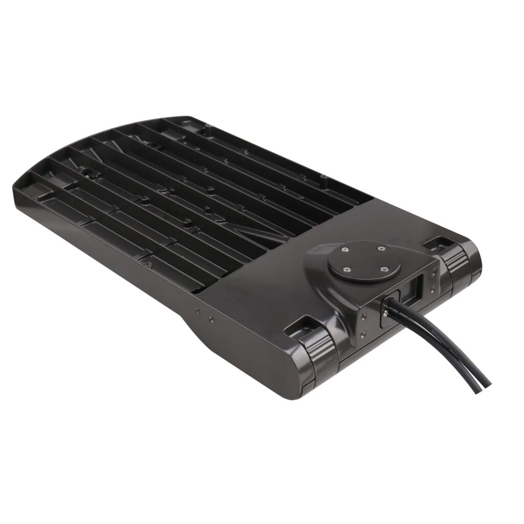 Black LED streetlight fixture with cable