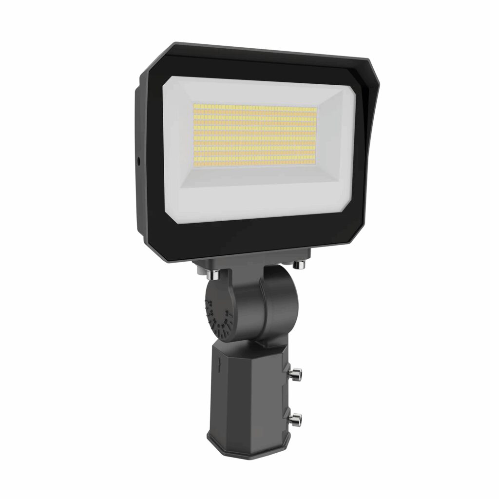 Black LED floodlight on adjustable mounting bracket