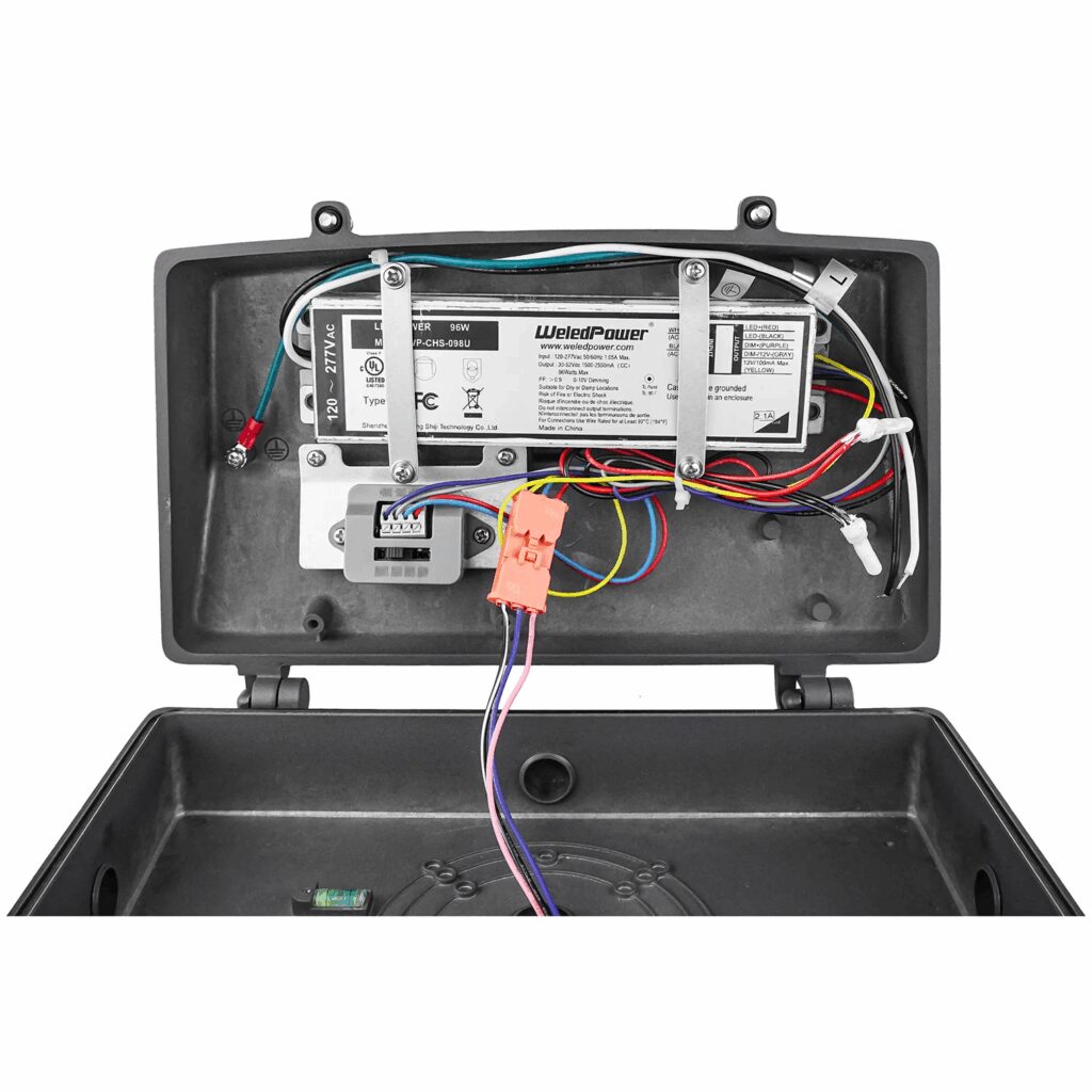 Open LED fixture housing with driver and wires