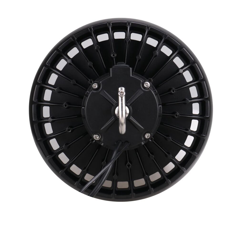 Back of round black LED high bay light