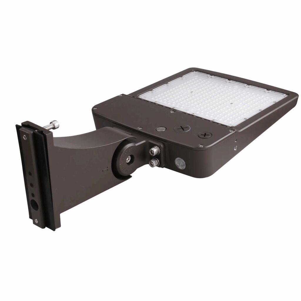 Brown LED shoebox streetlight with mounting arm