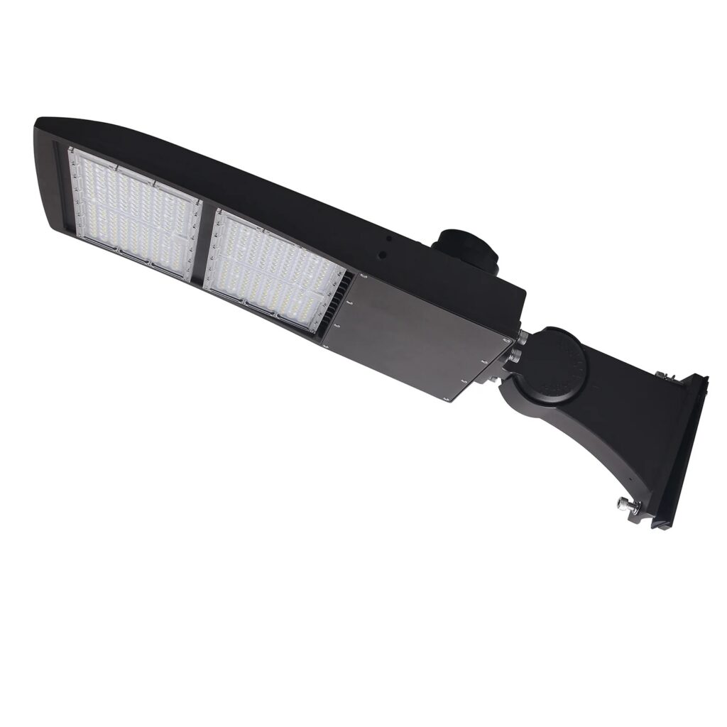 Black LED streetlight fixture against white background