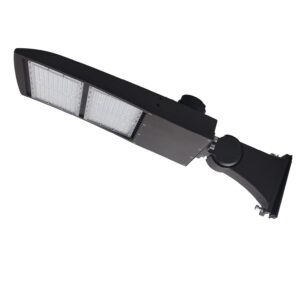 Black LED streetlight fixture against white background