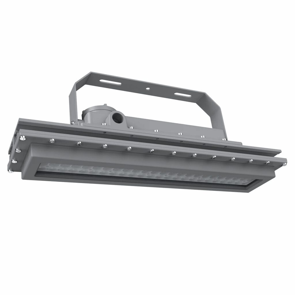 Gray industrial LED floodlight fixture angled view