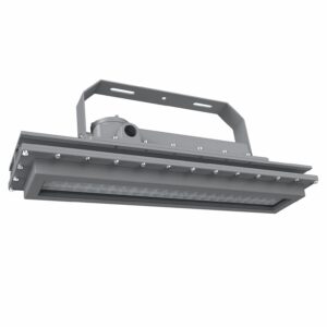 Gray industrial LED floodlight fixture angled view