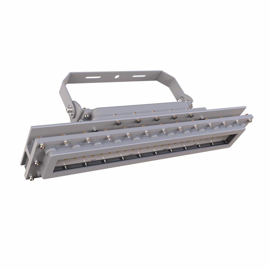Gray industrial LED floodlight with mounting bracket