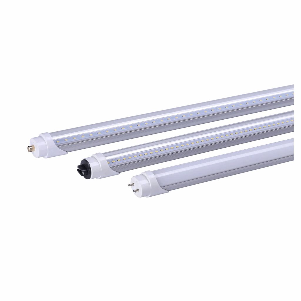 Three LED tube lights on white background