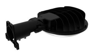 Black LED streetlight fixture with mounting bracket