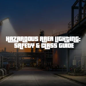 Refinery night scene illuminated by outdoor safety lights